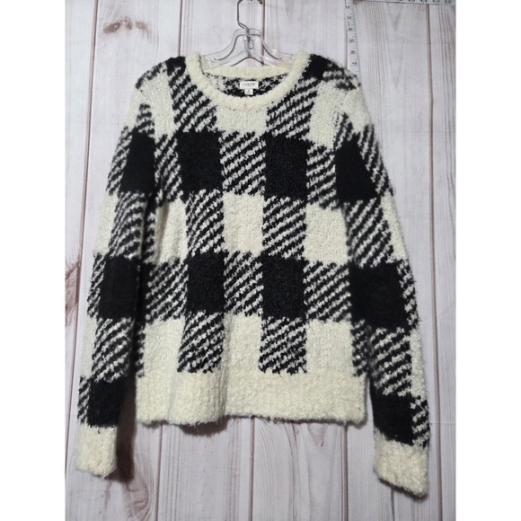 J.Crew Sweater Womens Small Black White Buffalo Check Plaid Boucle Wool Blend - Picture 1 of 6